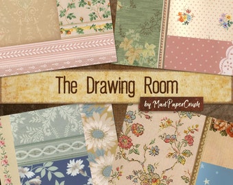 Könnte beinhalten: Eine Collage aus Vintage-Tapetenmustern mit floralen Designs, geometrischen Mustern und einem rosa-weißen Streifenmuster. Der Titel "The Drawing Room" und der Text "by Mad Paper Crush" sind auf braunem Hintergrund dargestellt.