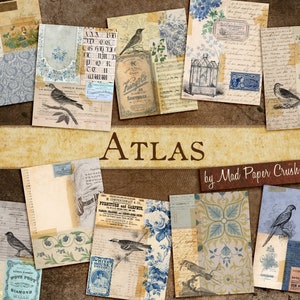 Kit de diario basura vintage con pájaros y azul / Papel de collage azul / Diario imprimible / Papel digital y efímeras