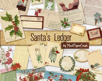 Christmas Junk Journal Printable | Vintage Christmas theme Junk Journal Kit | Santa's Ledger