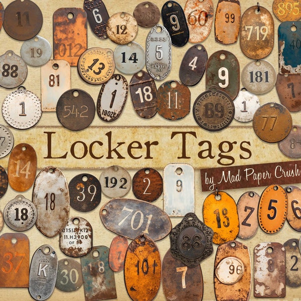 Old Metal Number Tags | Rusty Locker Tags | Printable Mixed Media Metal Number Labels