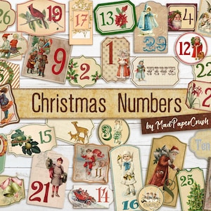 Vintage digitale kerstthemanummers | Dagelijkse decembernummers | Adventlabels