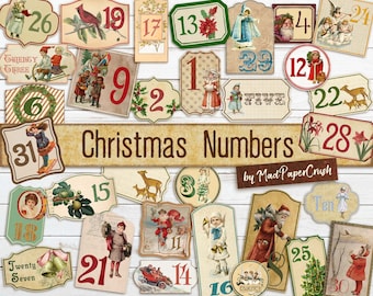 Vintage Christmas Themed Number Digital Labels | Daily December Numbers | Advent Labels