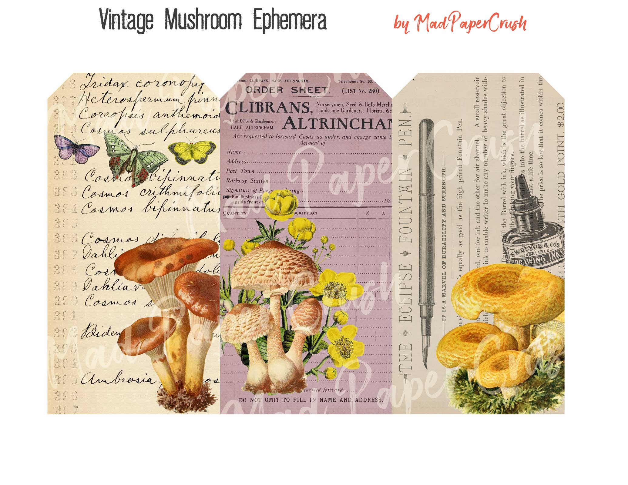 Vintage Mushroom Digital Ephemera | Printable Mushroom Junk Journal Kit ...