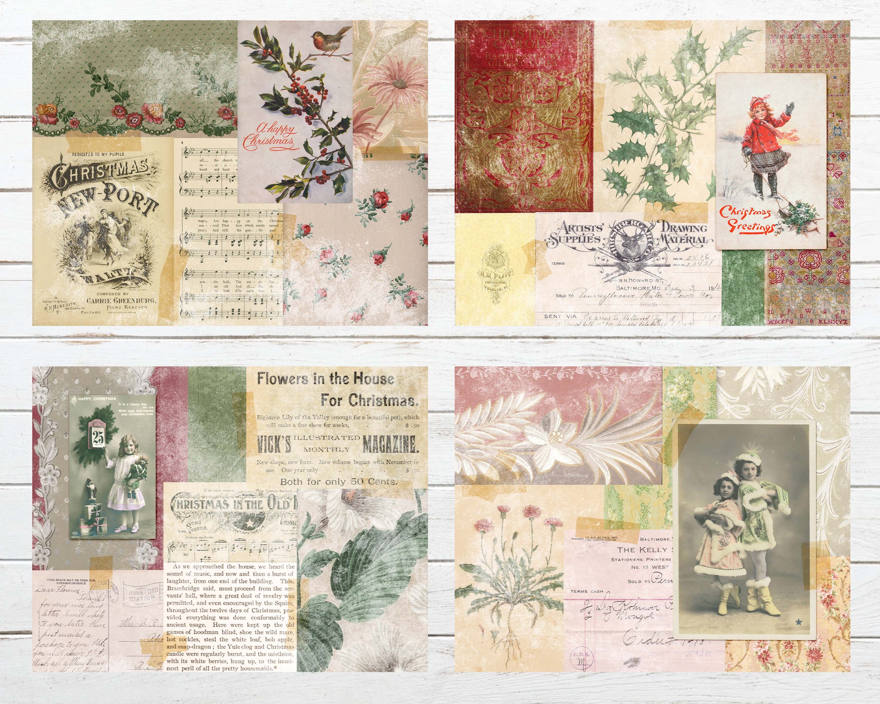 Vintage Christmas Collage Paper | Red & Green Junk Journal Kit | Xmas ...