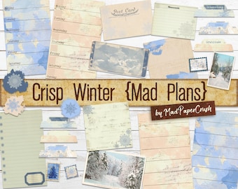 May include: A digital collage of vintage-style paper textures and images with a winter theme. The collage includes a calendar, a postcard, a memo pad, and a photo of a snowy forest. The text "Crisp Winter {Mad Plans} by Mad PaperCrush" is at the bottom of the collage.