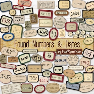 Found Numbers & Dates | Junk Journal Ephemera | Vintage labels | Craft Supplies | Digital ephemera