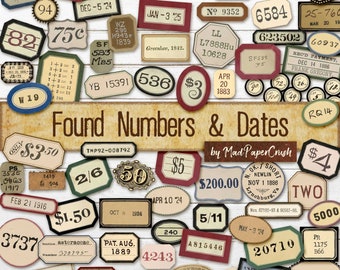 Found Numbers & Dates | Junk Journal Ephemera | Vintage labels | Craft Supplies | Digital ephemera