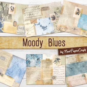 Papel digital Grungy de tema azul / Kit de diario basura azul / Páginas de collage vintage