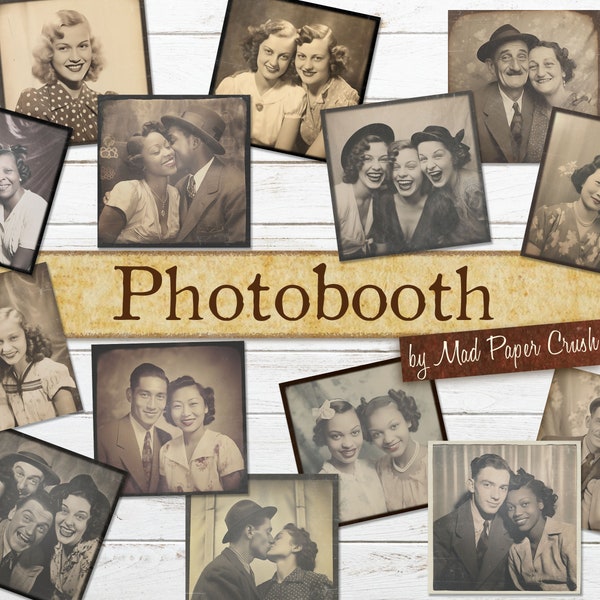 Vintage Photobooth Digital Paper Kit | 4 Pages, 75 Old-Timey Image Squares with 1930s Aesthetic