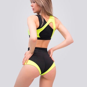 Pole dance costume with contrast trim, High waisted panties and asymmetric sports bra, Pole dance outfit