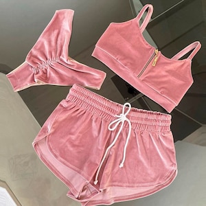 Velour Pole dance costume, Front zip top and panty, Velvet zipper sports bra and shorts