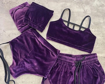 Velvet Pole Dance Outfit: Strappy Top & Garter Shorts - Exotic Dancewear