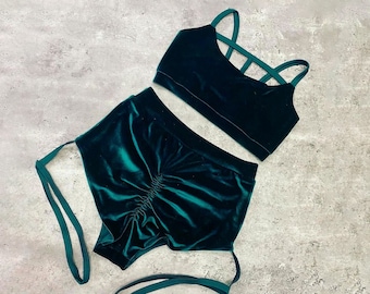 Velvet Pole Dance Outfit: Shorts with Garters and Top with Straps