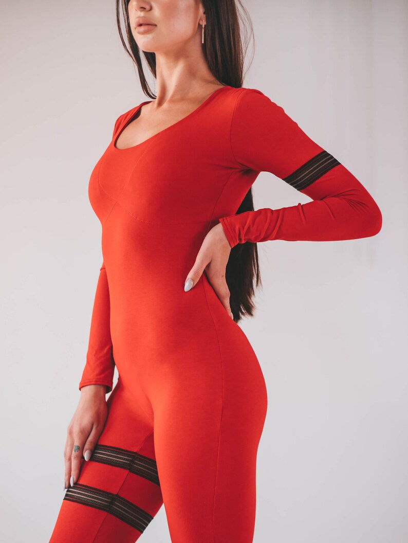 Cotton long sleeve Yoga Jumpsuit with lace stretch inserts Etsy