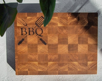 End Grain Oak Cutting Board, Walnut Inlay, Personalized Chef Gift