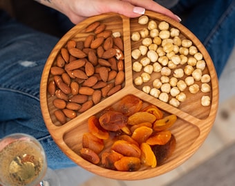 Handmade Wood Divided Serving Plate, Round Snack Tray