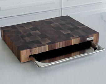 American Walnut End Grain Cutting Board | Stainless Steel Tray
