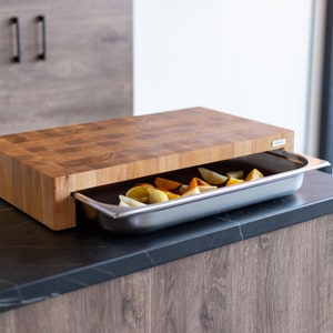 Tabla de cortar personalizada, tabla de cortar personalizada, tabla de cortar grabada, tabla de cortar de veta final, tamaño extra grande, tabla de corte con contenedor gn