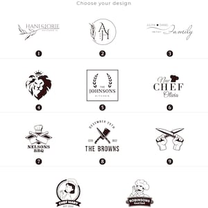 May include: A graphic design options chart with 11 different logo designs. The logos are in black and white and feature various themes, including family, kitchen, chef, and BBQ. The logos are numbered 1 through 11.