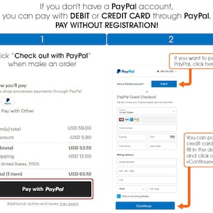 May include: A screenshot of a website checkout page showing two options for paying: "Pay with PayPal" or "PayPal Guest Checkout". The PayPal Guest Checkout option allows customers to pay with a debit or credit card without creating a PayPal account. The image includes a price breakdown for the order, with a total of $65.10.