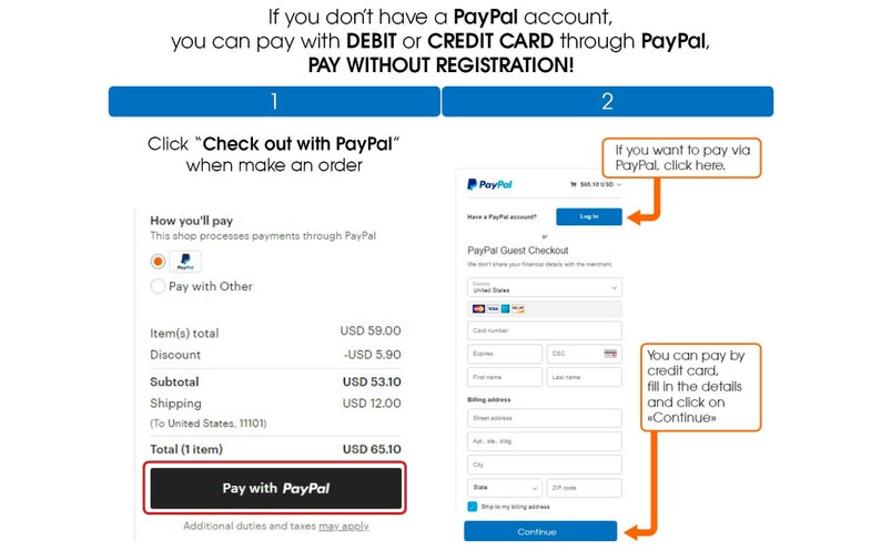 May include: A screenshot of a website checkout page showing two options for paying: "Pay with PayPal" or "PayPal Guest Checkout". The PayPal Guest Checkout option allows customers to pay with a debit or credit card without creating a PayPal account. The image includes a price breakdown for the order, with a total of $65.10.