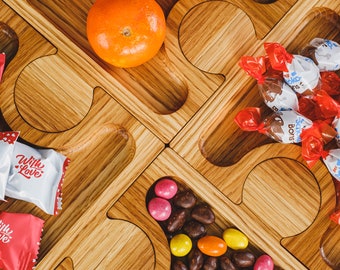 Puzzle-Shaped Serving Tray With 8 Removable Compartments – Wooden Snack Tray For Fruits, Nuts, Dips (2-Piece Set)
