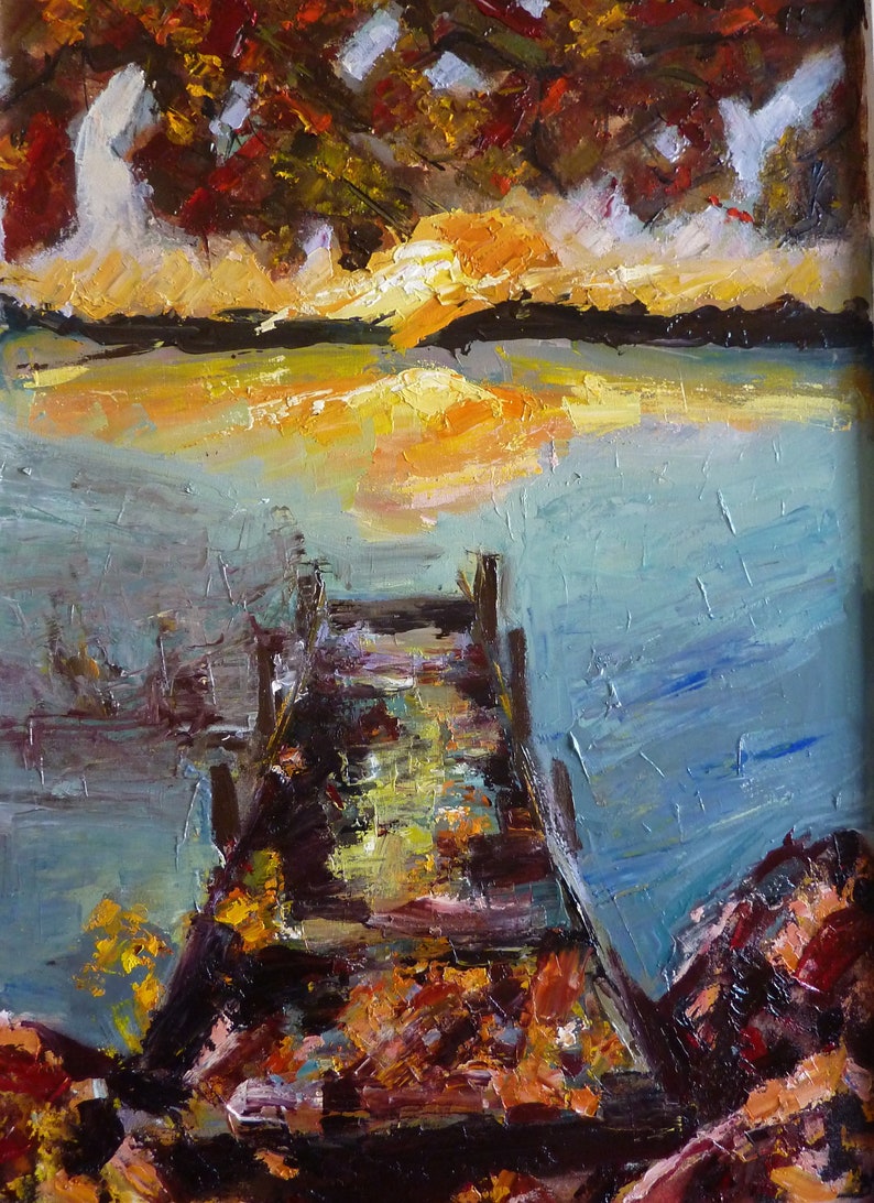 May include: A painting of a wooden dock extending into a body of water with a sunset in the background. The water is a light blue color and the sky is a mix of orange, yellow, and red. The dock is brown and weathered.