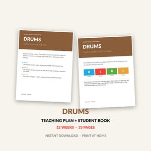 Planes de lecciones de batería para niños, programa de batería para principiantes de 12 semanas para profesores, plan de enseñanza y libro del alumno, licencia de estudio en PDF imprimible.