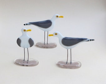 Decorative Glass Seagull; Fused Glass Gull; Glass Gull in Grey and White