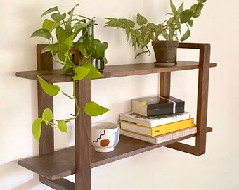 Doppelbord Shelves - Long Floating Wall Shelves for plants, books, art display. Solid, handmade hardwood shelf unit.