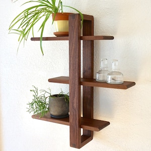 Walnut Shift Shelf - The Original - Solid Wood Wall Decor for Hanging Plants, Art. Books, Photos. Handmade, Adjustable, Mid-century Modern