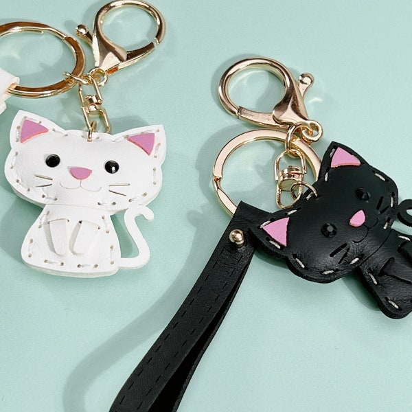 Cat Handmade Keychain, Black Cat Leather Bag Charm, White Kitty Handbag Key Ring, Bag Strap Key Chain, Animal Pet Key Fob, Gift for her