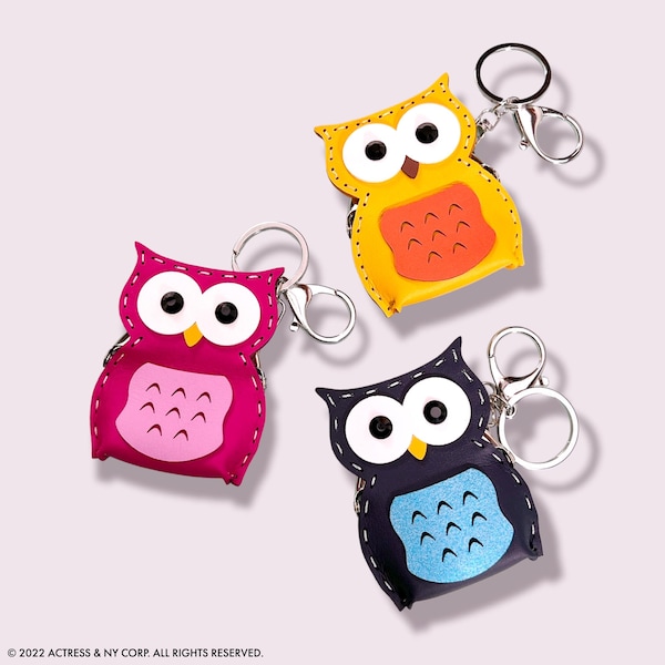 Owl Coin Wallet Key Ring, Large Owl Handmade Leather Bag Charm, Handbag Keychain, Coin Purse Bag Chain, Animal Key Fob, Gift for her