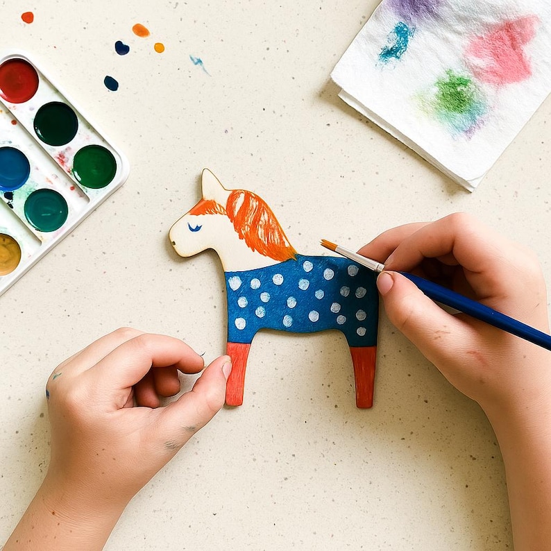 Wooden shapes for crafts 5 pieces, Dalahäst, Dala horse, wooden figures in the shape of Dala horses, Swedish horse, Hygge image 2