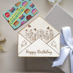 Presente de aniversário, envelope de madeira para vale-presente e vouchers, presente em dinheiro, Feliz Aniversário, embalagem para voucher