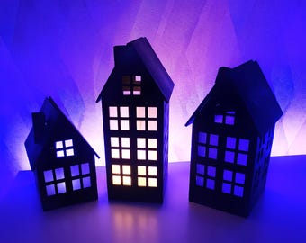 Kersttheelichthouder, theelichtlantaarn in de vorm van een huisje, houten theelichtlantaarns in Scandinavische stijl