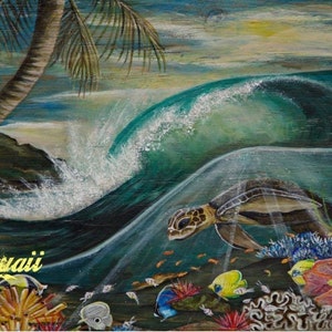 Hawaï. Met de hand geschilderd in hout en op maat gemaakt tot posters en ansichtkaarten