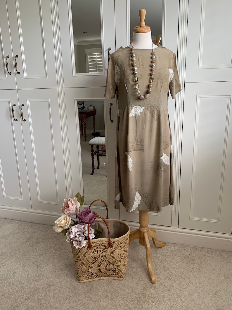 Vintage 1990s fan print beige silk dress tunic