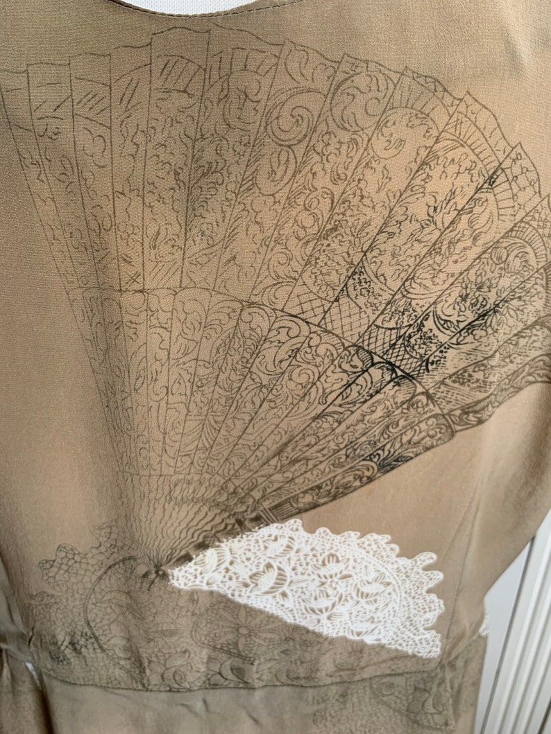 Vintage 1990s fan print beige silk dress tunic