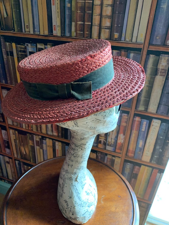 Vintage 1950s red straw boater by Ridgmont uk