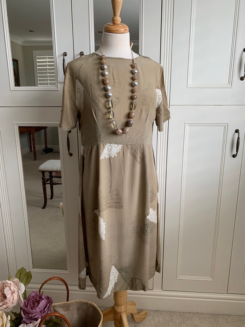 Vintage 1990s fan print beige silk dress tunic