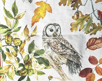 Geschirrtuch aus Baumwolle mit Eulen, Preiselbeeren und Herbstblättern - 51 x 76 cm