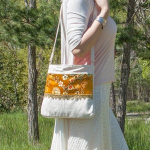 Small cross body bag in yellow color with japanese flowers and gold ornaments, small boho bags in blue with indian trims, gift for her