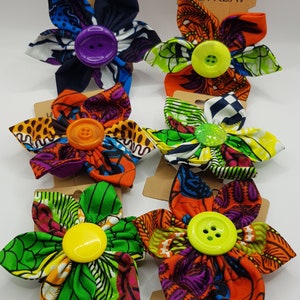 Extra Large Barrette Kanzashi Flower Bow African Inspired Cotton Colourful Button Hair Clip by Handmade Retreat