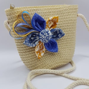 Girls Straw Style Mini Crossbody Zip Shoulder Bag Pocket Money Purse Mustard and Navy Flower Cream Bag by Handmade Retreat