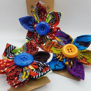 Extra Large Barrette Kanzashi Flower Bow African Inspired Cotton Colourful Button Hair Clip by Handmade Retreat