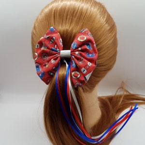 Nautical Seaside Bow Hair Barrette Alligator Crocodile Red Blue Boats Lighthouse with Tassels By Handmade Retreat