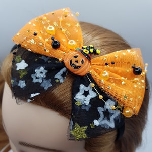 Halloween Bow Hair band Scary Bead Net Satin Band Witch Pumpkin By Handmade Retreat