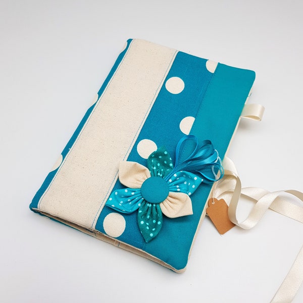 Notebook Journal Diary Memo Book Cover with Quilted Stripes & Kanzashi Flower Turquoise Aqua Natural With Ribbon Tie by Handmade Retreat.