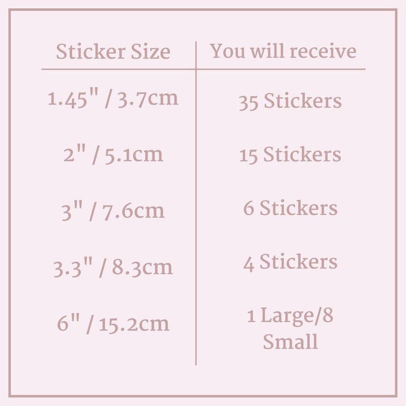 May include: Chart showing the quantity of stickers you receive based on the size you choose.  The sizes are listed in inches and centimeters.  The smallest size is 1.45 inches or 3.7 centimeters and the largest size is 6 inches or 15.2 centimeters.